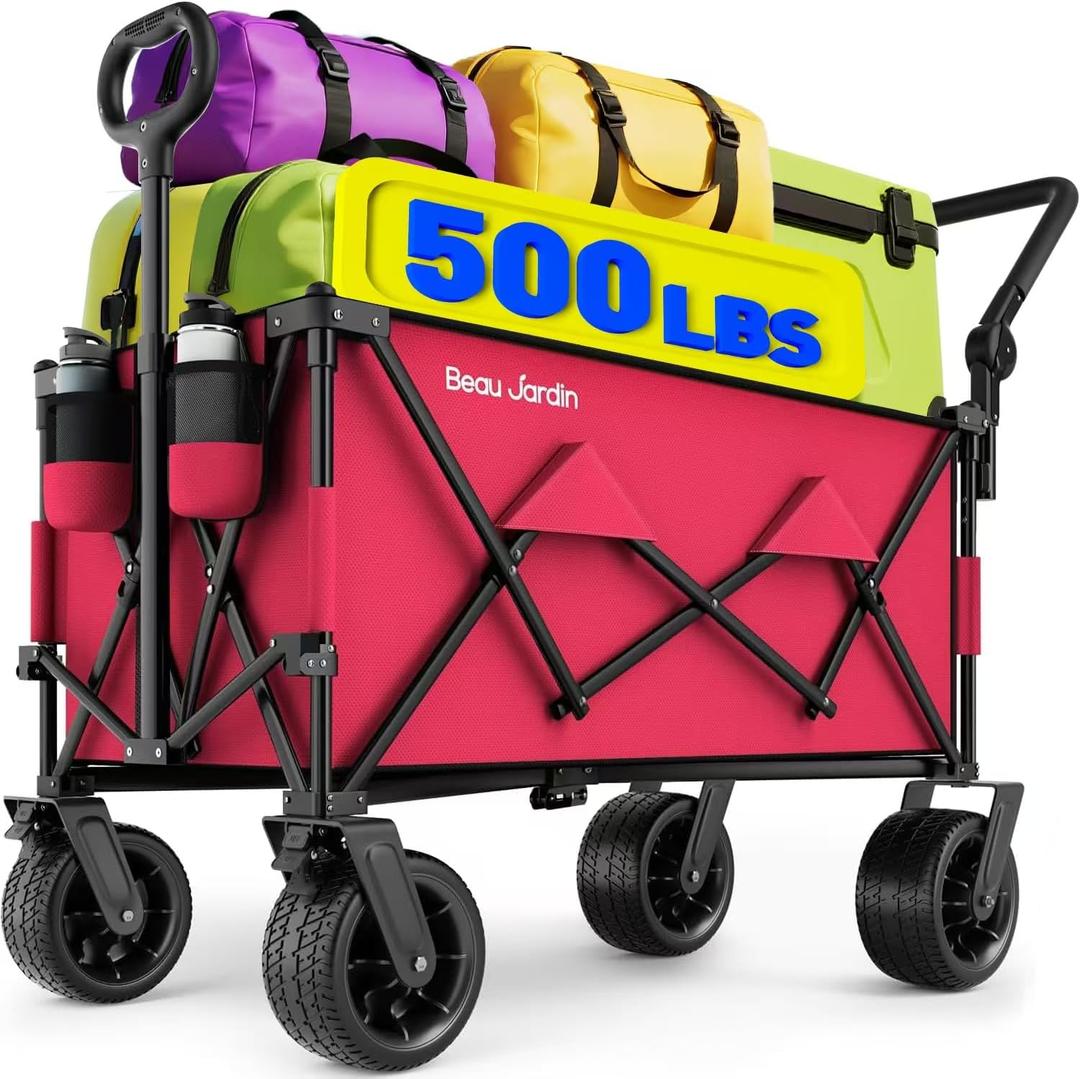 BEAU JARDIN Folding Push & Pull Beach Wagon 500 lbs Collapsible Foldable Wagons with Push Handle All Terrain Wheels Grocery Utility Camping Skiing Ice Fishing Sports Garden Wagon Cart Red
