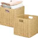 Collapsible Storage Basket 2 Pieces, Shelf Organizer with Insert Handle, 12 * 12 * 12 Inch Hand Woven Seagrass Basket, Suitable for Bedroom Storage and Other Scenarios