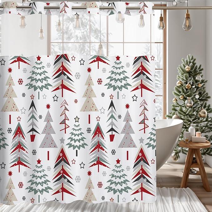 Christmas Shower Curtain, Xmas Tree Winter Snowflake Pattern New Year Holiday Home Bathroom Bathtubs Decor with Snap in Liner, Waterproof Polyester Fabric Bathroom Curtain 71X74inch