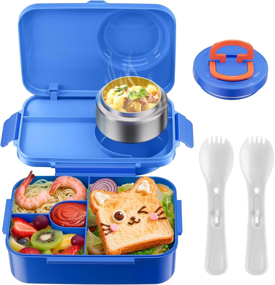 DaCool Upgraded Kids Lunch Box with Thermo for Hot Food 1400ml Child Bento Box for Kids with 5oz Small Thermo for Boys Girls with Fork Spoon Leakproof for Dining Out School Work Picnic, Blue