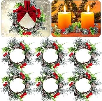 7 Pcs Christmas Candle Rings Wreaths, 7 Inch Candle Wreath with Artificial Red Berries and Cedar, Christmas Candle Holder Indoor Decor for Home Kitchen Cabinets Centerpieces for Tables