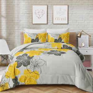 Menghomeus Floral Comforter Set Queen Yellow Floral Pattern Printed on Grey Soft Microfiber Bedding Set Lightweight Bed Set for All Season, 3 Piece (1 Comforter, 2 Pillowcases)