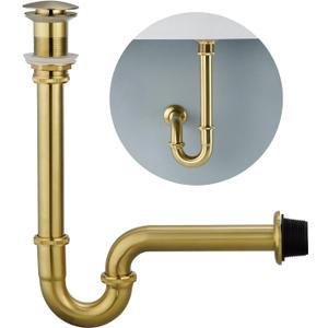 Brass P Trap with Bathroom Sink Stopper : 1-1/4 Sink Drain Bottle Trap Set No Overflow - Adjustable Height, Brushed Gold - Complete Basin Sink Plumbing Kit for Pipe Replacement