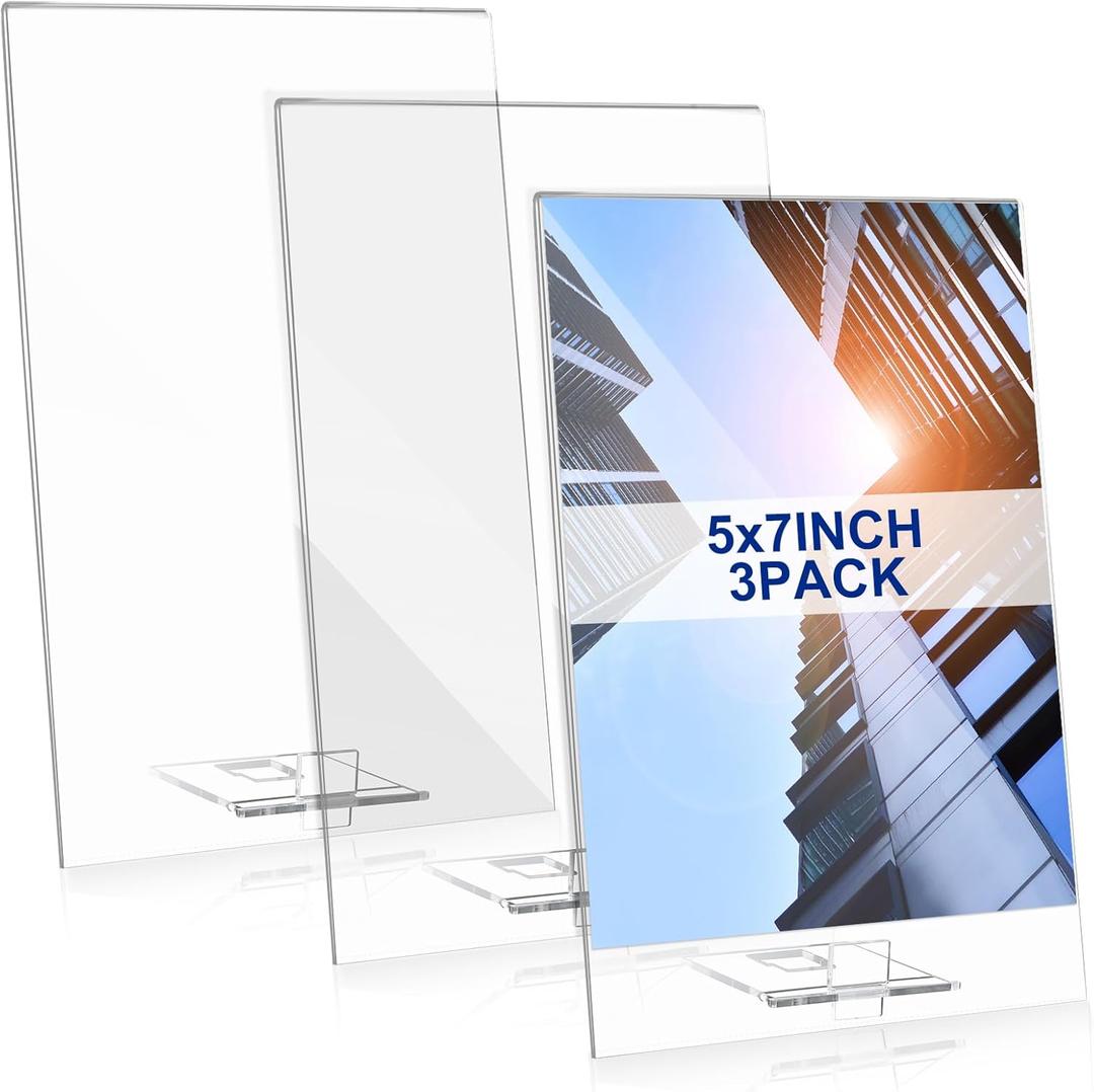 3 Pack Acrylic Sign Holder Double Sided Clear Display Stand Table Top Paper Holder Menu Flyer Slant Back Removable Desktop for Mall Restaurant Office Store Home T Shape(5 x 7 Inches)