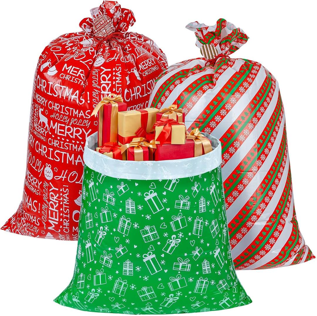 CubesLand Large Christmas Sacks Gift Bags,3 Jumbo Santa Sack Plastic Gift Bags, Christmas Bags for Gifts Giant, Holiday Gift Wrap with Tag & Tie, Extra Large/Big/Medium