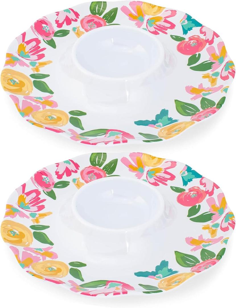 Mary Square Garden Party Pink Floral 15 inch Melamine Serving Dining Chip and Dip Serving Set For Entertaining Parties Gift Bundle Set of 2