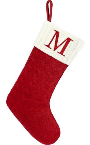 Christmas Stockings with Initials, 20 Inches Large Knit Embroidered Letter Red White Christmas Stocking, Monogram Christmas Stocking for Famliy Holiday and Xmas Tree Fireplace (Letter M)