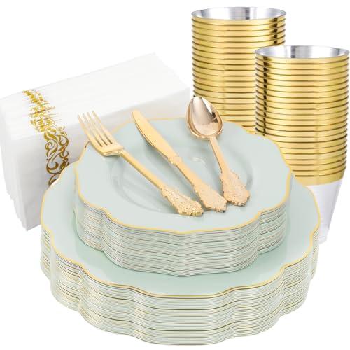 NOCCUR 175PCS Sage Green Plastic Plates with Gold Disposable Silverware - Include 50 Green and Gold Plastic Plates,25 Knives,25 Forks,25 Spoons,25 Cups and 25 Napkins - Mother's Day/Spring Party