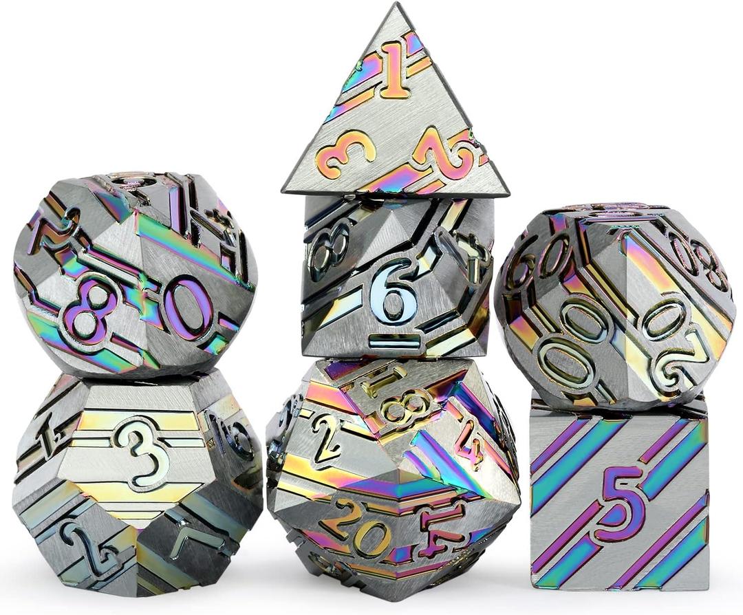 DNDND Rainbow Stripe DND Metal Dice Set,7 PCS Zinc Alloy with Gift Case for Dungeons and Dragons D&D (Rainbow)