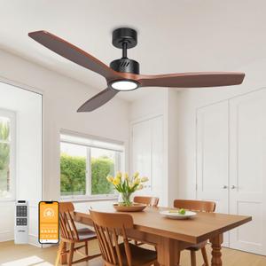 Natual Solid Wood Ceiling Fan with Light 52 Inch, Low Profile, Remote Control, Downrod Mount, Noiseless, Reversible, 6CCT, Dimmable, 6 speeds, Timeable, Ceiling Fans with Lights for Living Room (Black + Walnut)