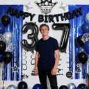 37th Birthday Decorations for Men, Black Blue Happy 37th Birthday Balloons with Foil Number 37, Happy Birthday Banner, Fringe Curtains, Foil Balloons Party Supplies