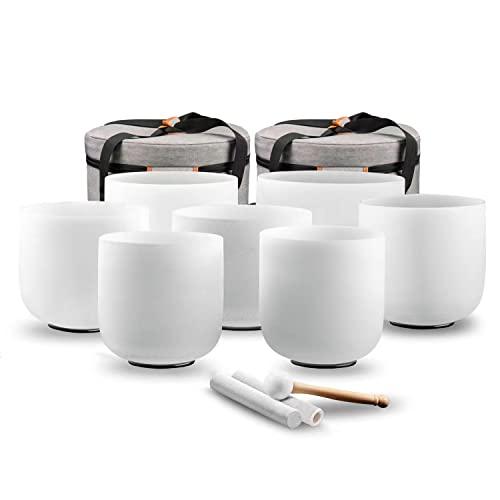 RYAN DVAN 440hz 7-12 Inch Set of 7 Frosted Quartz Crystal Singing Bowl Chakra Set with Free 2 pcs Carrying Case