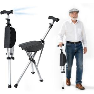 Cane with Seat Folding Lightweight Walking Cane Stick with Seat for Seniors | Chair Cane with Adjustable 45° LED Light, Anti-Slip Base, Aluminum, Easy Carry