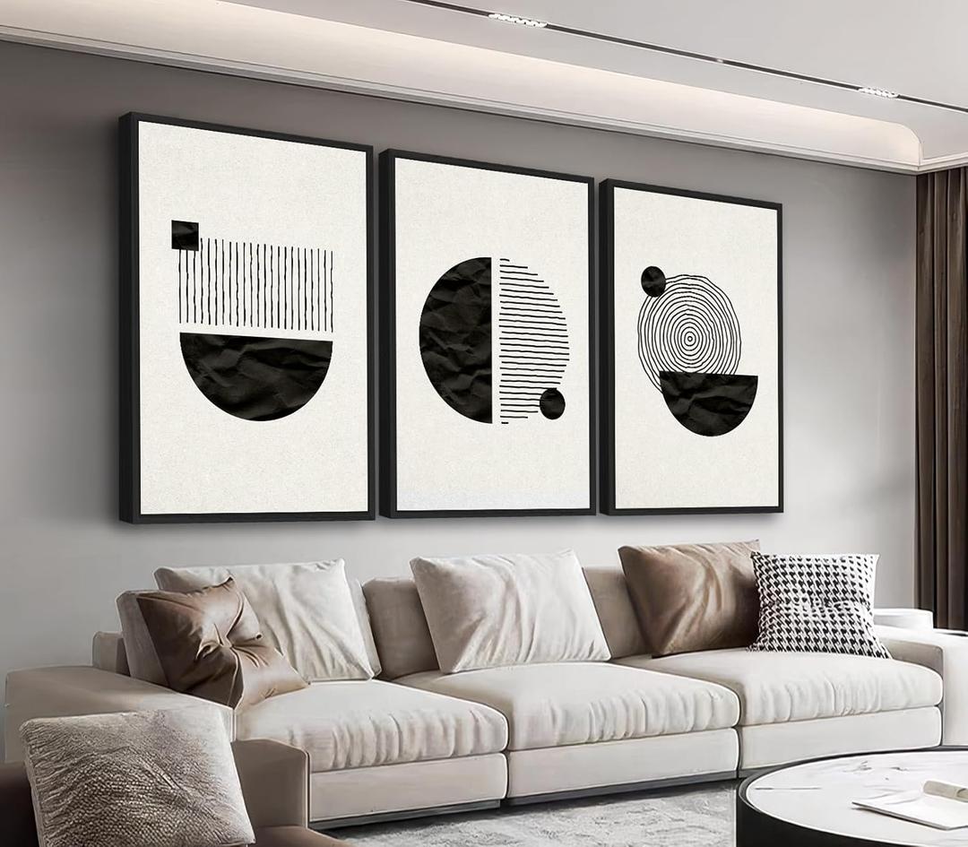 Large Framed Abstract Wall Art - Minimalist Boho Wall Decor 20"x28" Set of 3 Black and Beige Art Prints Mid Century Painting Geometrical Canvas Pictures for Living Room Bedroom Office Artwork