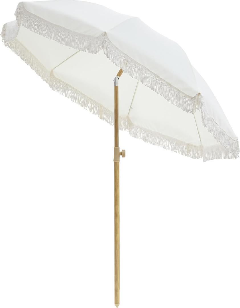 6.5FT Boho Patio Umbrella with Fringe,UPF50+ Outdoor Umbrella with Fiberglass Ribs and Push Button Tilt, Tassels Umbrella for Beach, Terrace, Picnic