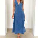 yoeasy Women's Summer Denim Dress Sleeveless V Neck High Waist Trendy Casual A Line Jean Maxi Dress (Blue) S