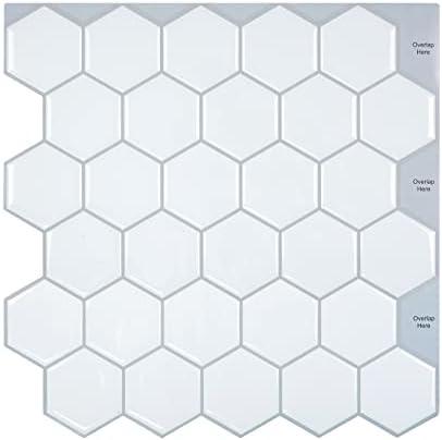 10-Sheet White Hexagon Peel and Stick Backsplash, Self-Adhesive Stick on Backsplash Wall Tiles for Kitchen Bathroom (10"x10")
