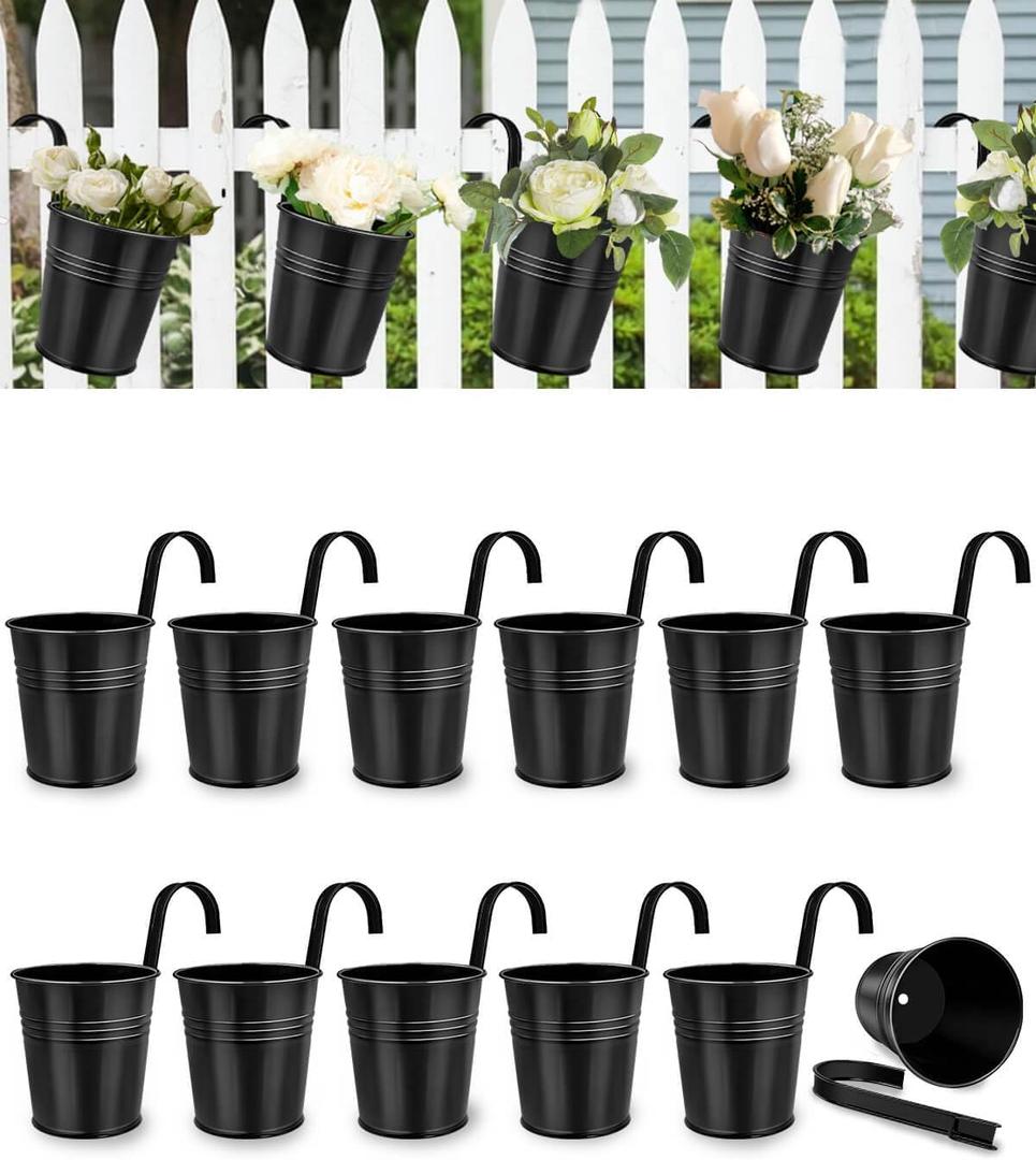 6 Inch Railing Planter for Outdoor Plants - 12 Pack Small Balcony Hanging Flower Pots with Detachable Hooks and Drain Holes Metal Oval Bucket Rail Box Fence Planters for Home Garden Decor, Black