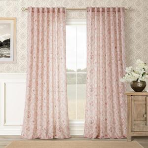 Pink Linen Floral 96 Inch Curtains 2 Panel Set for Living Room Semi Sheer Light Filtering Window Curtains Blush Flower Leaf Print Pattern on Cream White for Girls Bedroom Nursery Vintage Boho Drapes