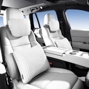 Car Headrest and Lumbar Support Pillow Set,1 Piece, Neck & Back Support for Driver/Passenger Seat, Comfortable & Breathable, Relieves Neck & Back Pain, Ideal for Long Drives-White