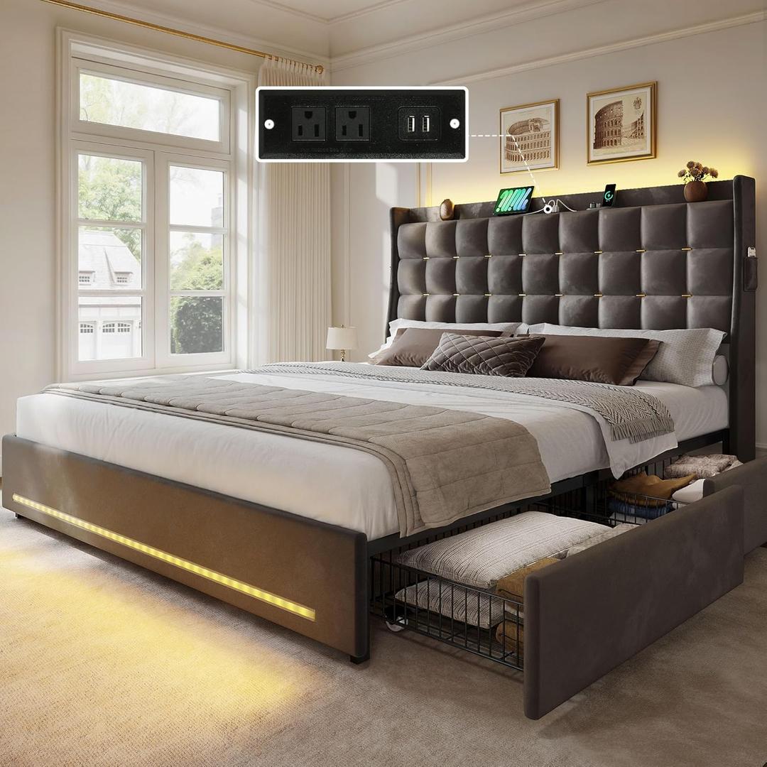 YITAHOME Queen Size Bed Frame with 4 Drawers and RGB LED Lights, Velvet Upholstered Platform Bed with Charging Station and Storage Headboard, No Box Spring Needed, Easy Assembly, Noise-Free, Grey