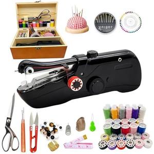 Handheld Sewing Machine with Exquisite Wooden Storage Box & 142-Piece Sewing Kit - Electric Switch, Dual Power Supply, Assorted Needles, Threads, Heavy Duty Scissors - Meets All Household Sewing Needs