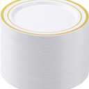 BESTSTAR 100PCS White Plastic Plates for Party, 10.25 Inch Disposable Plates with Gold Rim, Heavy Duty Dinner Plates for Christmas, Party, Wedding and Birthday