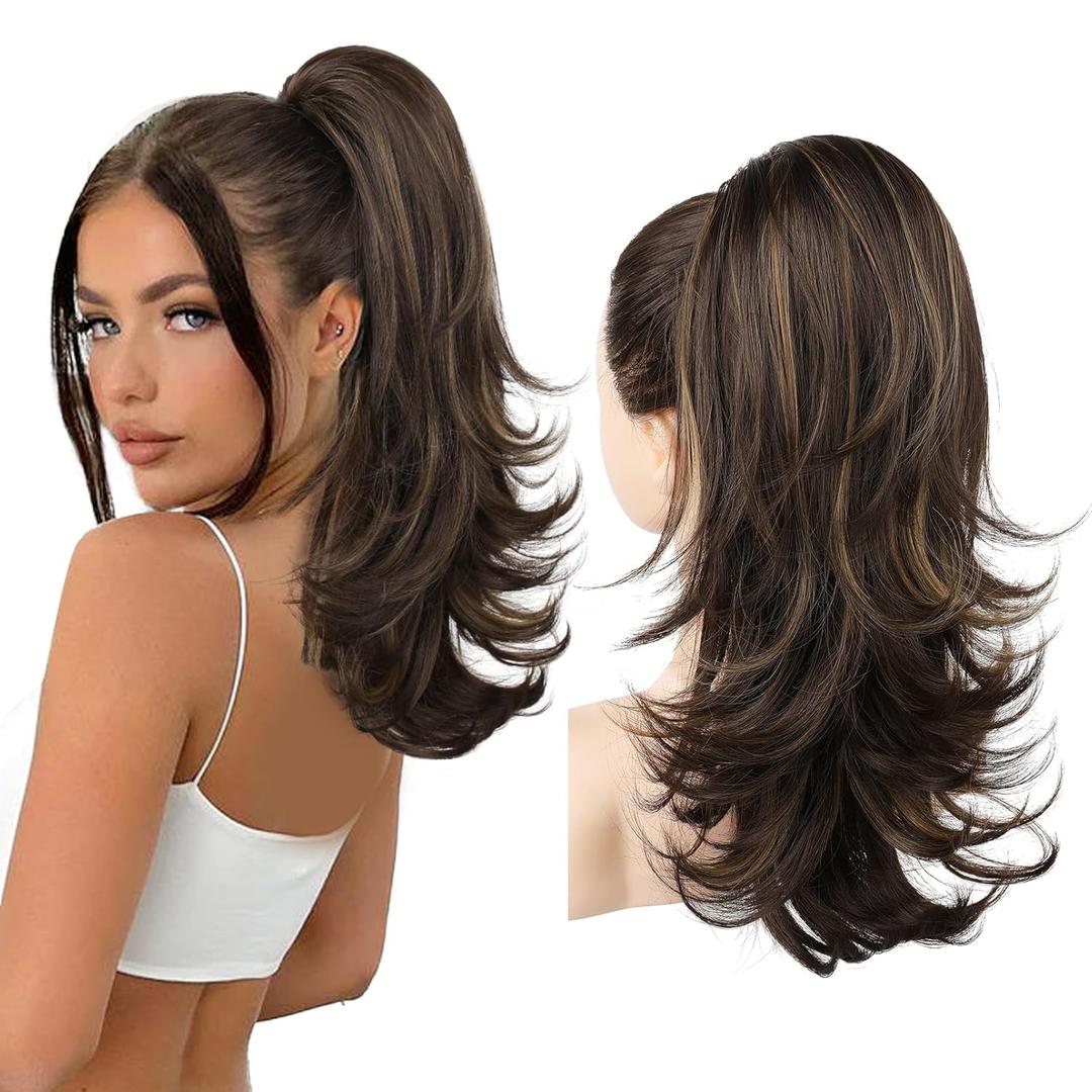 LONAI Ponytail Extension for Women, 18 Inch Layered Wavy Pony Tail Hair Extensions, Natural Drawstring Ponytail Synthetic Hairpiece for Daily Wear (Brown with Blonde Highlights)