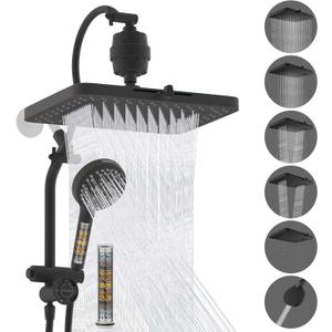 Hibbent 5-spray Dual Filtered Rainfall Shower Head Combo, High Pressure 13'' Showerhead with 10 Spray Handheld, Easy Reach 4-way Diverter Arm with Pause Mode, 71'' Hose & Holder, Oil-Rubbed Bronze