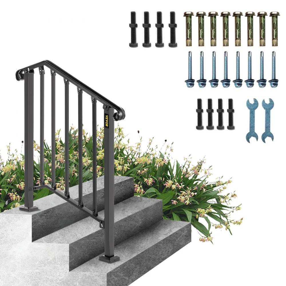 VEVOR Iron Step Handrail Outdoor Stairs 3 Steps Adjustable Black Handrail