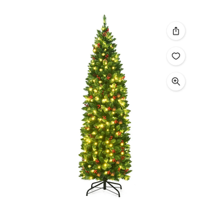 6.5Ft Pre-lit Hinged Pencil Christmas Tree w/Pine Cones Red Berries & 250 Lights