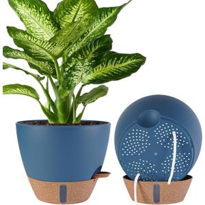 2 Pack 10 inch Plant Pots, Plastic Self Watering Planters with Drainage Holes, Deep Reservoir, Water Level Indicator, Modern Decorative Flower Pots for Indoor Outdoor Plants (Navy Blue, 10 inch)