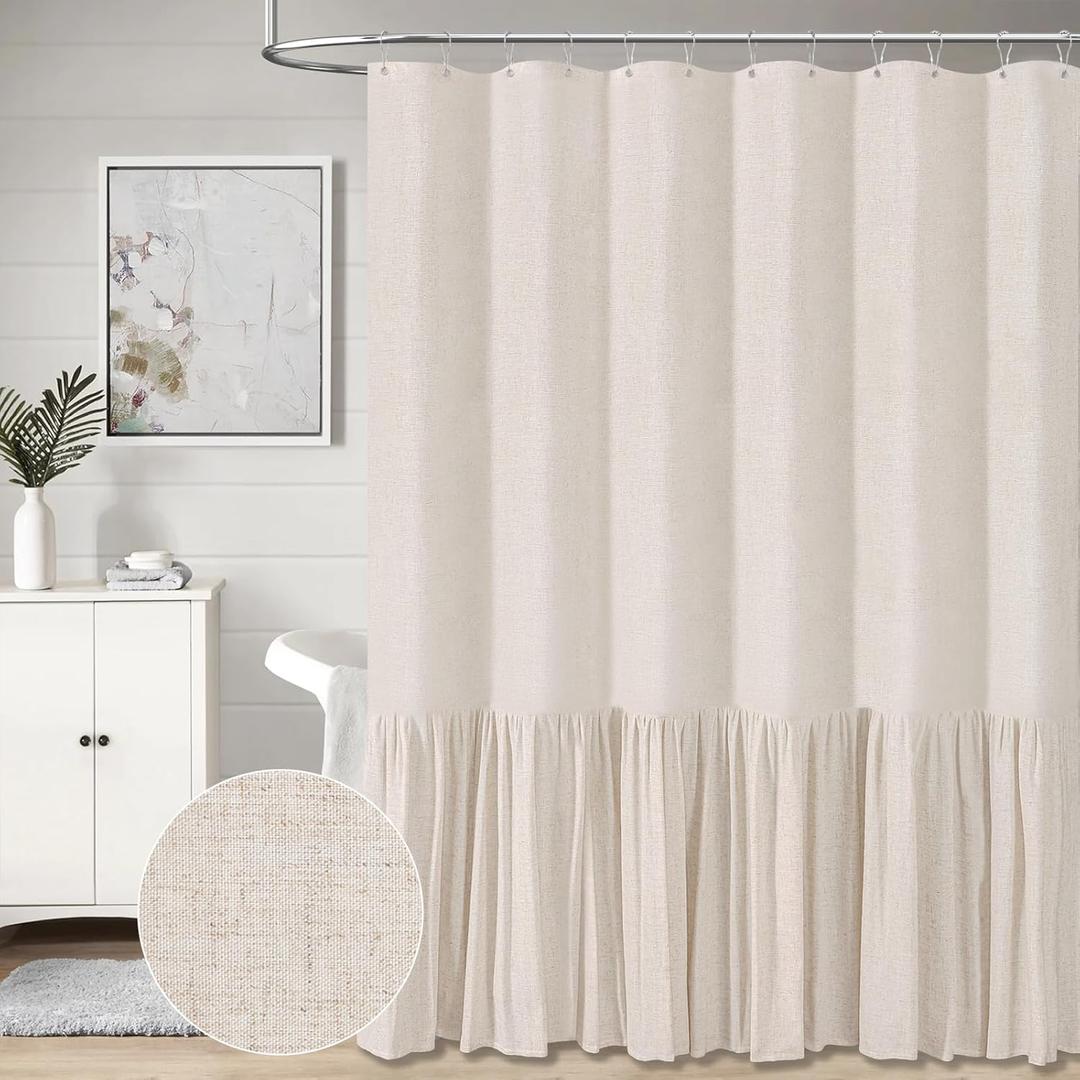 BTTN Beige Farmhouse Shower Curtain - Rustic Heavy Duty Fabric Linen Shower Curtain Set with Ruffle Hem, Machine Washable, Vintage Shabby Chic Cloth Shower Curtains for Bathroom - Beige/Cream - 72x72
