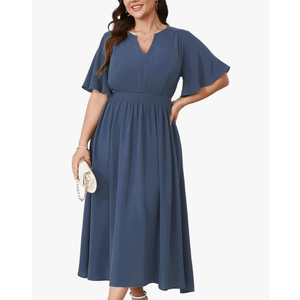 Women's Plus Size Dress for Women Wedding Guest Cocktail Smocked Ruffle Short Sleeve V Neck Flowy Maxi Dresses, 1XL