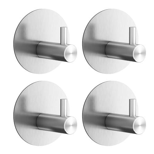 Aenfaiy Towel Hooks for Bathroom (4 Pack) Adhesive Towel Hook Shower Hooks for Inside Shower - Sticky Bathroom Wall Hooks for Hanging Towels, Robe, Loofah, Bath Sponge - Brushed Nickel Towel Hooks