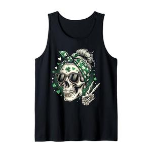 St Patricks Day Skull Messy Bun Peace Women St. Pattys Day Tank Top, 2XL