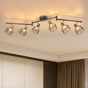 GORDNWE 6-Light Track Kits, Adjustable Track Fixtures - E12 Metal Wire Cage Retro Ceiling Lighting - Black for Kitchen, Living Room, Bedroom