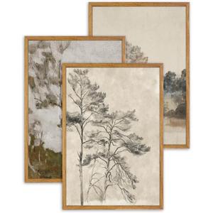 UPWOIGH Large Framed Wall Art, Set of 3 Vintage Muted Landscape Prints, 16x24 in Natural Cotton Posters with Trees, North Botanical Decor, Farmhouse Aesthetic for Living Room, Bedroom
