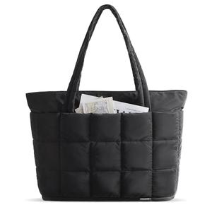 BAGSMART Expandable Tote Bag for Women, Zippered Puffer Design with Water-Resistant Quilted, Nurse and Carry-On Travel Bag, Black