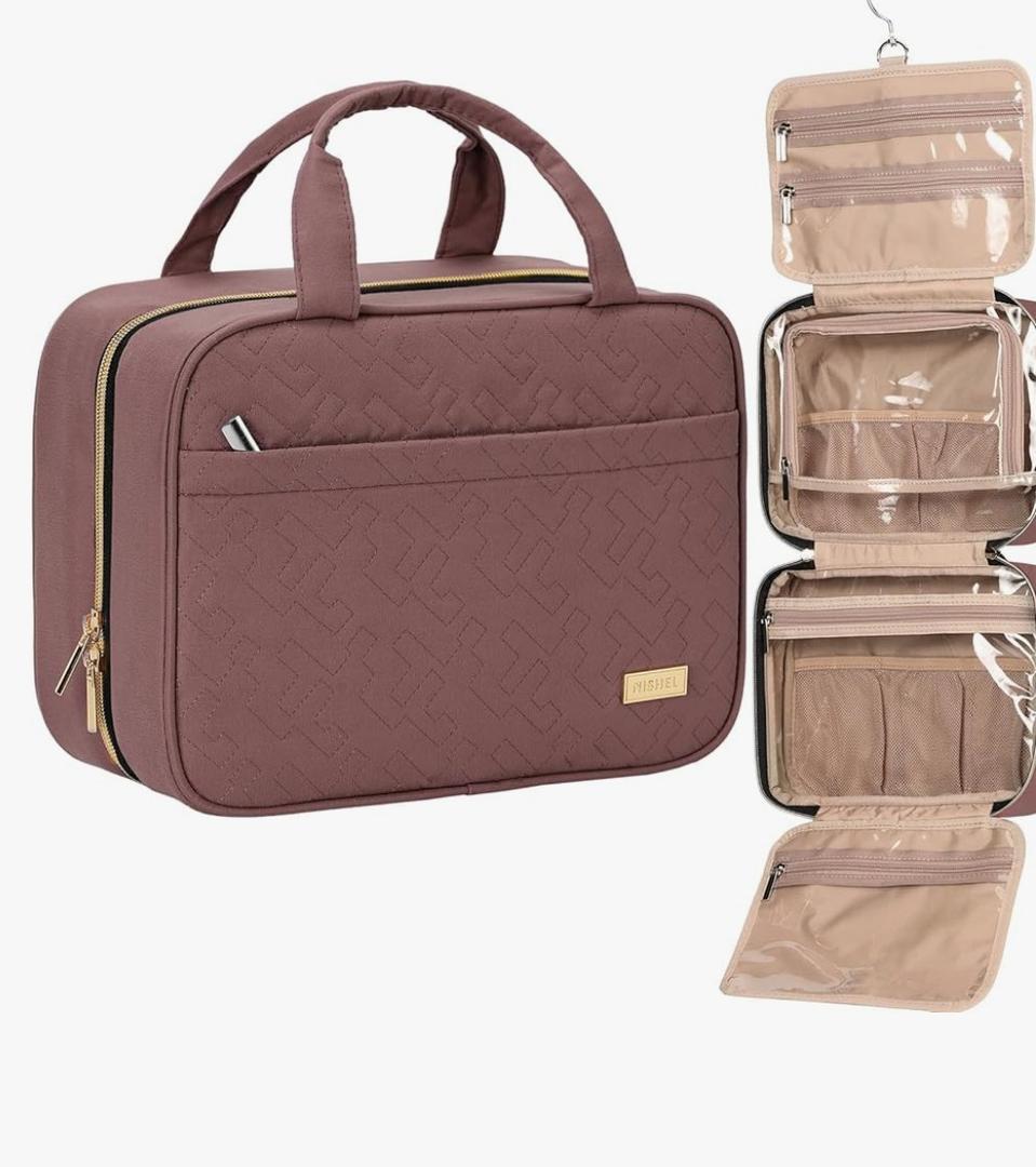 NISHEL Travel Toiletry Bag for women, Portable Hanging Organizer for Travel-Sized Shampoo, Conditioner, Brushes Set, Makeup Accessories, Medium Size, Rosewood-Pink