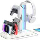 KDD Headset Stand with Charging Station - Detachable Controller Holder with 9 Light Modes - Rotatable Headphone Hanger with USB A&C Charger Ports - Earphone Hook for PC Gaming Accessories Storage (White)