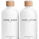 White Glass Soap and Lotion Dispenser Set with Tray by Brighter Barns - Hand Soap Dispenser Bathroom Set - Bamboo Bathroom Soap Dispenser Set - Minimalist Bathroom Accessories, Modern Home Decor