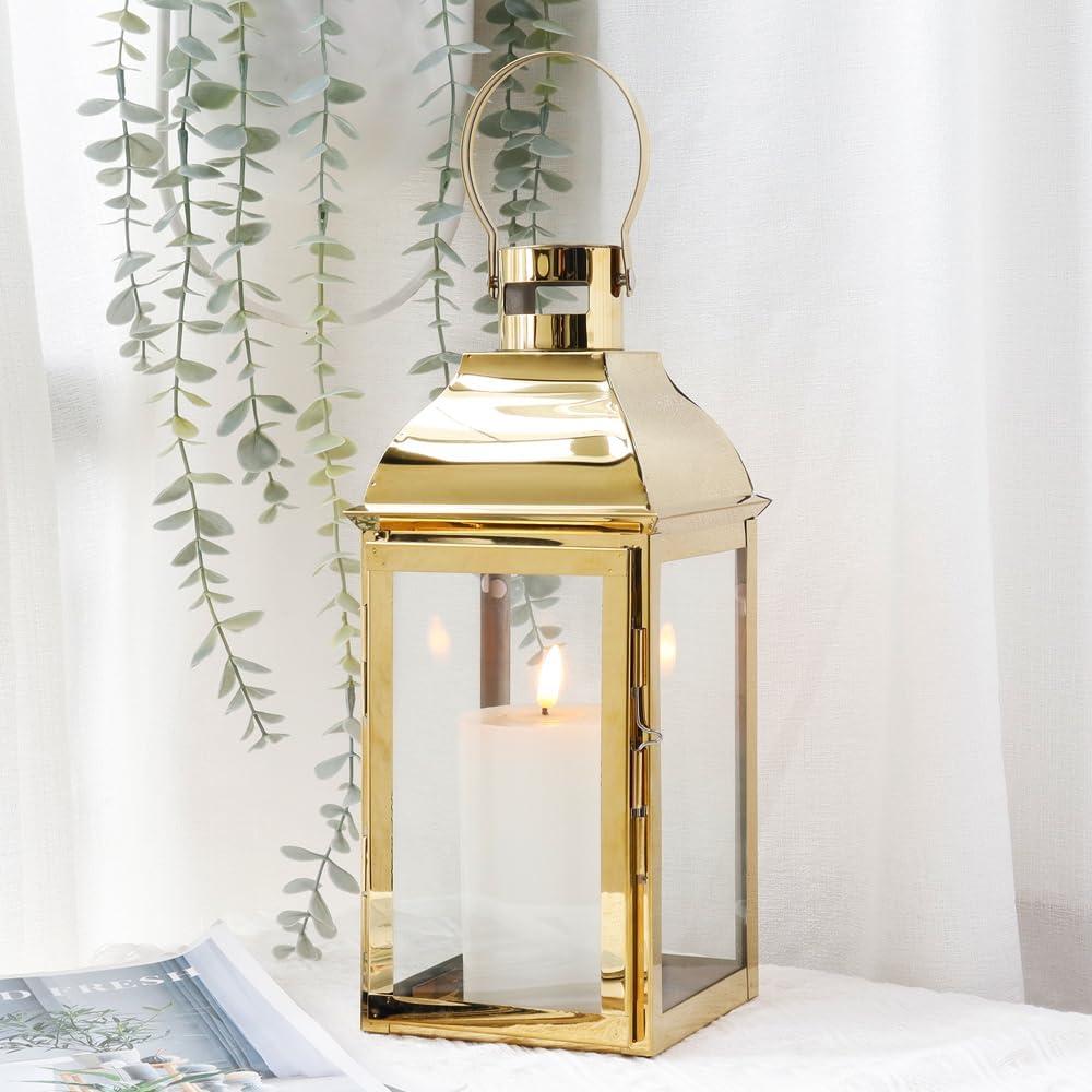 JHY DESIGN 15" H Stainless Steel Decorative Candle Lanterns with Tempered Glass Vintage Elegance for Indoor Outdoor Events Parties and Weddings(Gold)