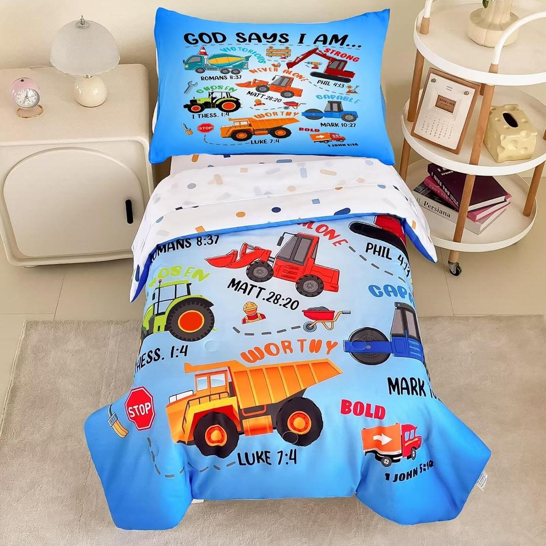 4 Piece Toddler Bedding Set for Boys,Cars Construction Toddler Bed Comforter Set Includes Comforter,Flat Sheet,Fitted Sheet and Pillowcase,Christan Trucks Tractors Bed in A Bag for Kids Bedroom (Style 01)