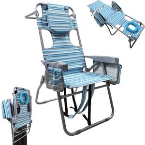 16" High Backpack Beach Chair for Adults with Face Hole & Camping Stool Heavy Duty Beach Tanning Chair Lay Flat with Cooler Bag Supports 265 lbs