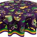 Mardi Gras Tablecloth Round 70 Inch Carnival Fleur De Lis Mask Table Cloth Circle Purple Table Cover Tabletop for Home Decor Dining Room Kitchen Party Picnic