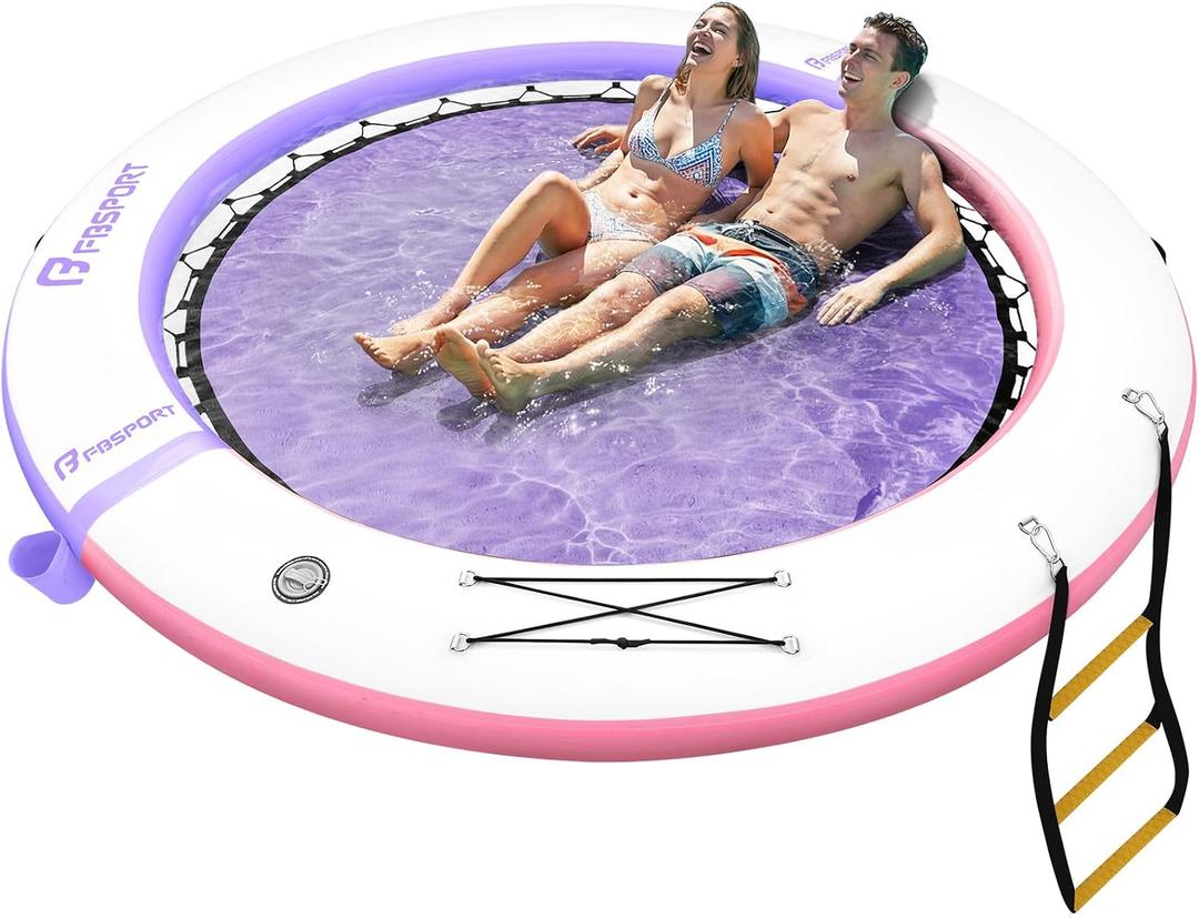 FBSPORT Inflatable Water Hammock Round Floating Ring, 8ft Inflatable Dock Floating Platform for Lake W/Cupholder, Sun Float Chill Raft Float Ring Tanning Pool Lounger Island Platform Pad, Purple Pink