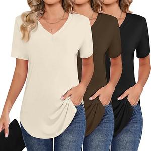Ficerd 3 Pack Women's Short Sleeve Tunic Tops, V Neck Curved Hem Shirt Casual Summer Basic Tshirts Tee Blouse, Medium, Black/Brown/Cream