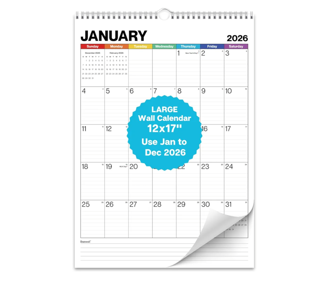 Dunwell Large Wall Calendar 2026, 12x17 (Colorful), Big Grid 12 x 17 Hanging Monthly Calendar with Large Daily Blocks, Premium Paper, Use Jan to Dec 2026