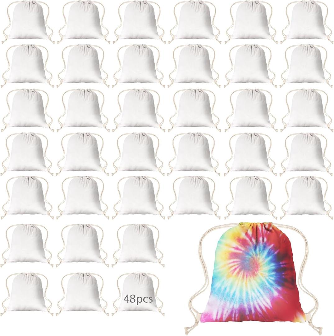 Drawstring Backpack Sublimation Blanks, Thickened Fabric White Cotton Canvas DIY for Tie Dye Bulk 48PCS